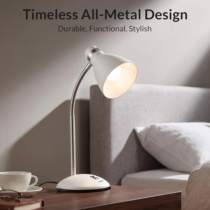 LEPOWER Metal Desk Lamp, Adjustable GooseNeck Reading Light for Bedroom | Compact & Sturdy, Space-Saving for Bedside & Dorm, E26 Table Lamp, Eye-Caring, Ideal for Study, Office, Back to School