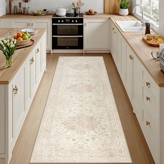 2'6''x8' Hallway Washable Runner Rug: Kitchen Carpet Beige White | Vintage Boho Soft Small Indoor Decor Floor Non-Slip Low Pile Neutral Farmhouse Entryway Laundry Bathroom Bedroom Beside Rugs