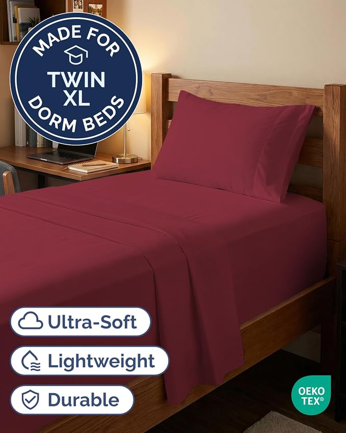 Extra Deep Twin XL Sheet Set - 3 Piece College Dorm Room - Burgundy | Soft, Breathable & Cooling, Easily Fits 18 to 24 inch Mattress, Wrinkle Free & Fade Resistant with Extra Deep Pockets