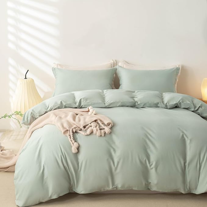 OAITE Duvet Cover Set 100% Washed Cotton Solid 3pcs | Soft,Durable,Long-staple Cotton,Hidden Zipper with 8 Interior Corner Ties,2 Pillowcases