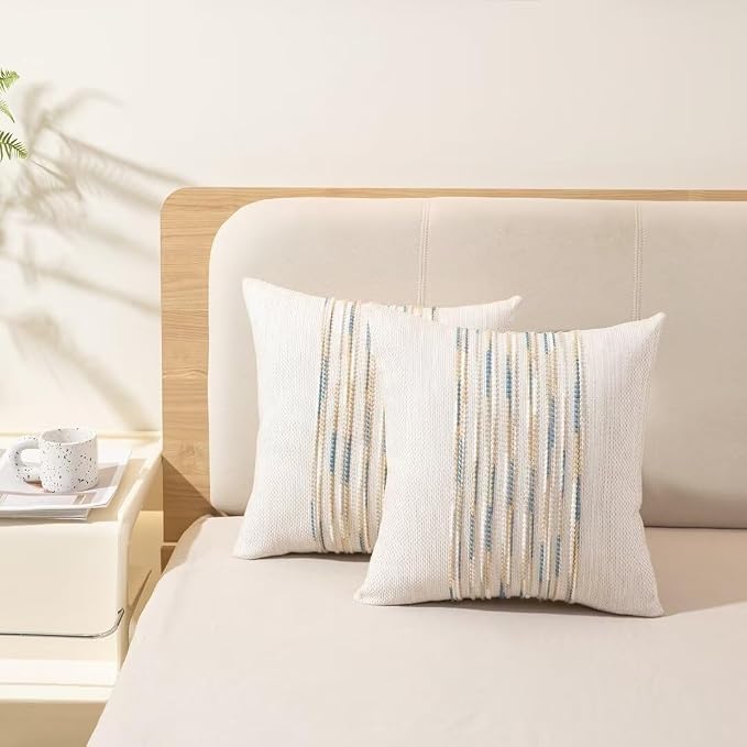 Boho Throw Pillow Covers Decorative Neutral Farmhouse Pillow case | 18x18 Set of 2 Cushion Case Striped Square Pillows Cover Couch Pillow Cases Accent Pillowcase for Sofa Bed,Yellow Blue