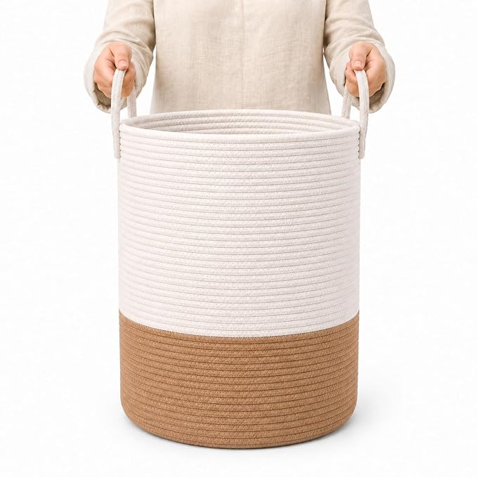 OrganiHaus Tall Cotton Rope Laundry Basket & Hamper, Blanket Storage 52L | Honey / Off-White - Tall Cotton Rope Hamper, 52L