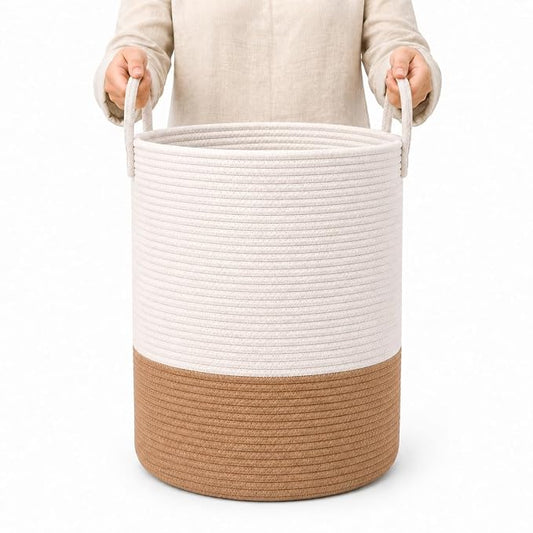OrganiHaus Tall Cotton Rope Laundry Basket & Hamper, Blanket Storage 52L | Honey / Off-White - Tall Cotton Rope Hamper, 52L