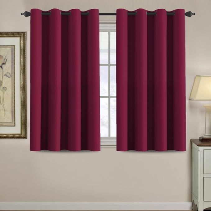 H.VERSAILTEX Blackout Curtains for Christmas Small Window Kitchen Blackout Curtains 45 inch Length Energy Saving Solid Grommet Blackout Drape, One Panel, Burgundy Red, 52" W x 45" L