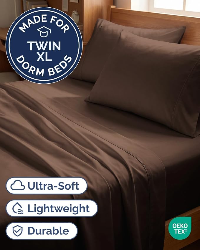Twin XL 4 Piece Sheet Set - College Dorm Room Essentials - Chocolate Brown | Ultra Soft Dorm Bedding Set, 8" to 16" Inch Deep Pockets, 1 Flat & 1 Fitted Sheet & 2 Pillowcases, Wrinkle & Fade Free