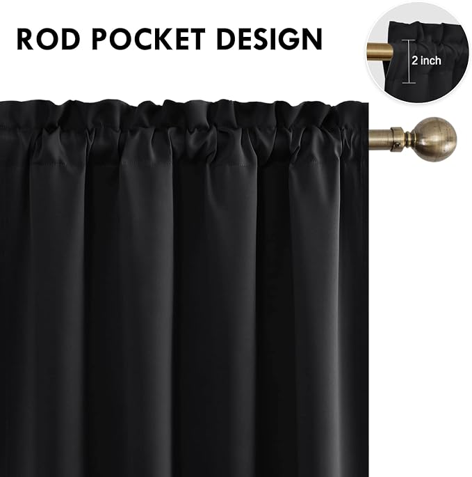 DWCN Blackout Curtains for Bedroom Living Room 52 x 54 Inch Long Black | 2 Panels Set, Room Darkening, Thermal Insulated, Light Blocking, Rod Pocket Drapes, Noise Reducing Window Treatments