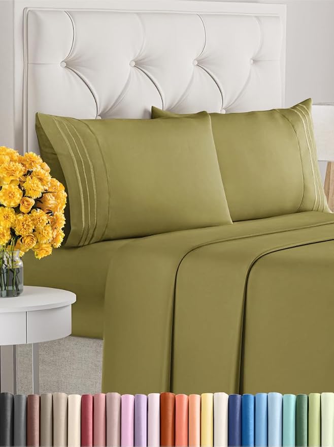 King Size 4 Piece Sheet Set - Ultra Soft & Cooling Sheets - Olive Yellow | Fits 8 Inch to 16 inch Mattress, Wrinkle Free & Fade Resistant with Deep Pockets, Breathable, Comfy Hotel Luxury Bedding