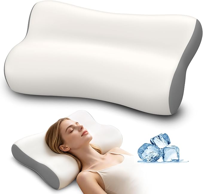 Polovo Cervical Neck Pillow - Ergonomic Side Sleeper Pillow for Pain Relief, Contour Memory Foam Pillows for Deep Sleep, Orthopedic Cooling Pillow Bed Pillow for Side Back Stomach Sleepers(White&Grey)