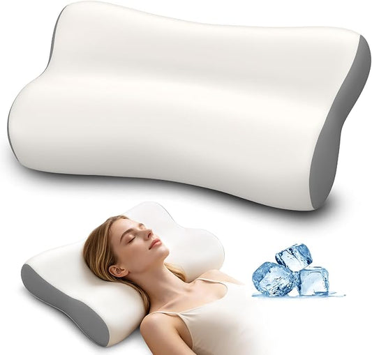 Polovo Cervical Neck Pillow - Ergonomic Side Sleeper Pillow for Pain Relief, Contour Memory Foam Pillows for Deep Sleep, Orthopedic Cooling Pillow Bed Pillow for Side Back Stomach Sleepers(White&Grey)