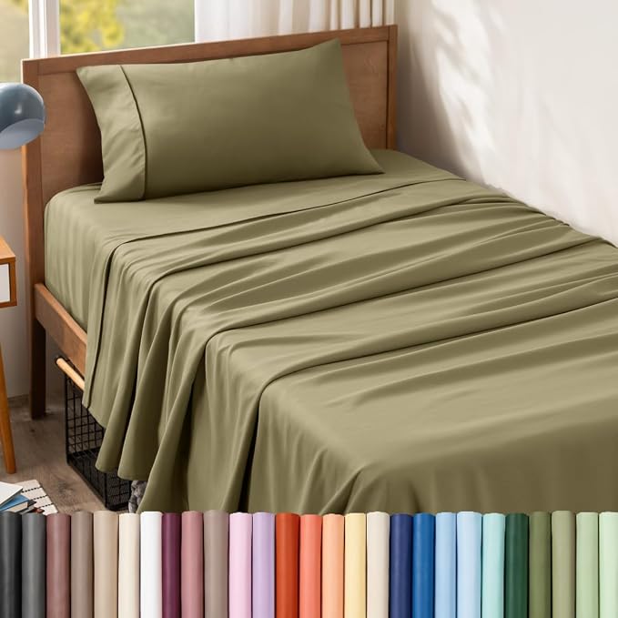 Bare Home Twin Sheet Set - 1800 Ultra-Soft (Twin, Olive) | Deep Pockets 6 to 15 Inches, Breathable, Hypoallergenic, Hotel Luxury, Easy Fit, Soft, All-Season