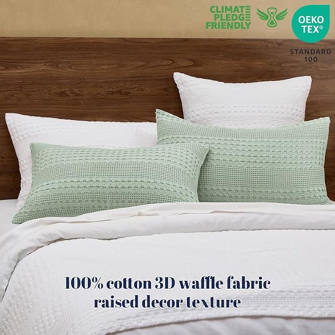 PHF 100% Cotton Waffle Pillow Shams King Size, 2 Pack 20" x 36" Soft Skin-Friendly Pillowcases, No Filling, Aesthetic Woven and Breathable Waffle Weave Pillow Case Covers for Bed, Mint Green