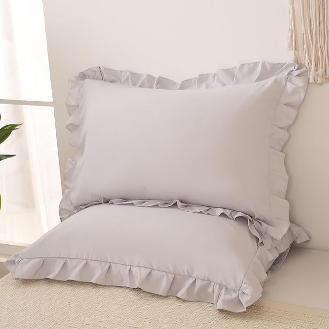 Beige Gray Pillow Shams Cute Ruffle Queen Pillowcases Solid Pillow Cover Set of 2 Shabby Chic Soft Light Gray Pillowcases 2 Pack (Queen (20''x30''), Beige Gray)