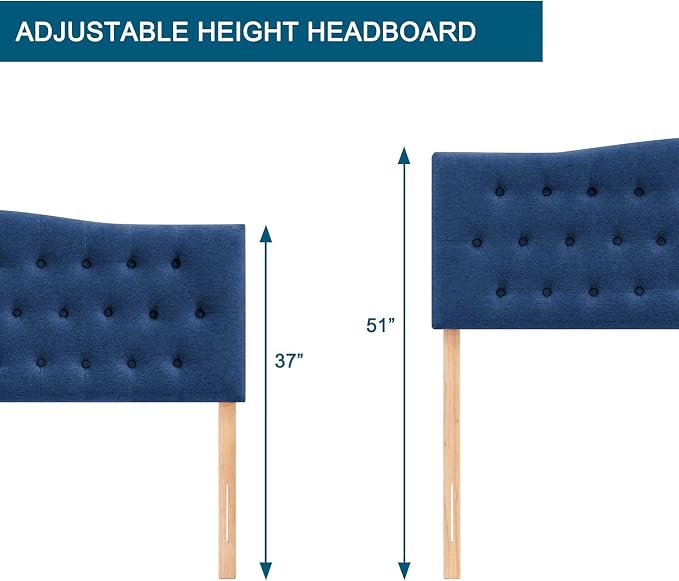 Tufted Headboard California King Size, Sturdy Solid Wood Head Board, Blue | Upholstered California King Headboard with Solid Wood Legs, Adjustable Height 37-51 in, Fabric Button Diamond HeadBoards