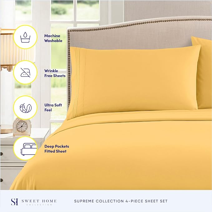 Twin XL Sheets - Breathable Luxury Sheets with Full Elastic & Secure Corner Straps Built In - 1800 Supreme Collection Extra Soft Deep Pocket Bedding Set, Sheet Set, Twin XL, Yellow