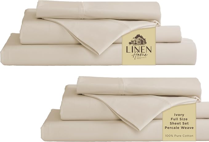 Linen Home 2-Pack Full Sheet Set, 100% Cotton Percale Bedding, 8-Piece Value Bundle, Deep Pocket Cooling Bed Sheets for Hot Sleepers, Breathable & Crisp Hotel Quality, Long-Staple Cotton, Ivory