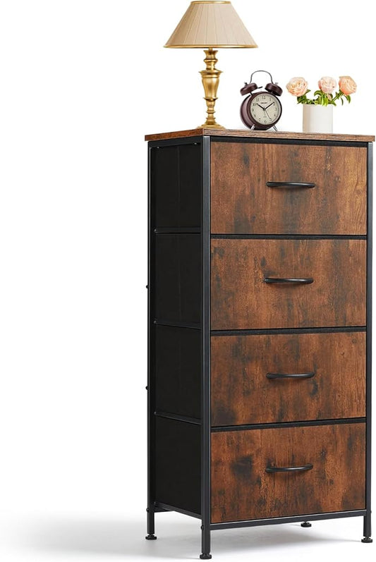 4 Drawers Dresser for Bedroom Fabric Storage Tower with Wooden Top | Steel Frame Tall Chest of Drawers for Closet, Entryway, Dorm, Brown