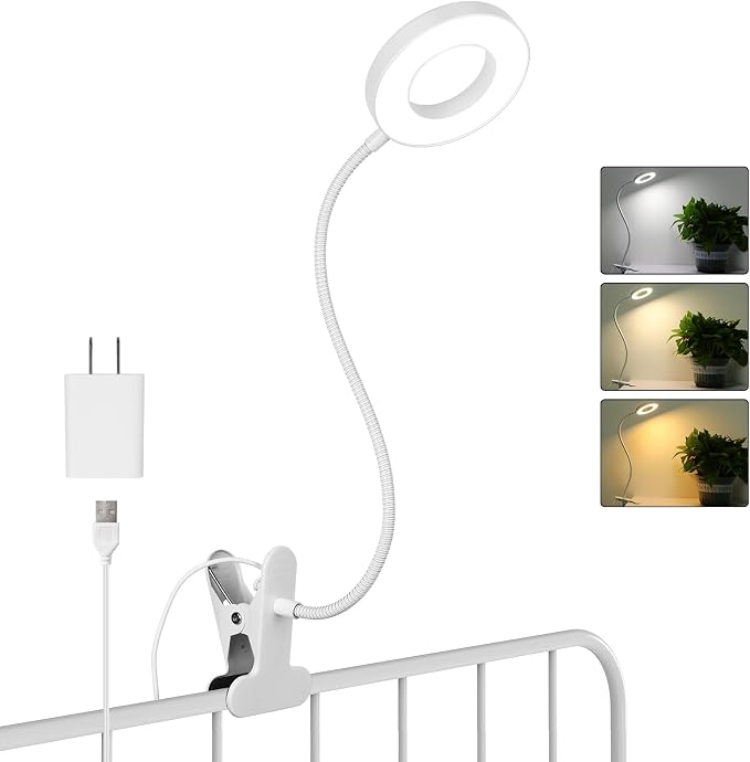 Woputne Desk Lamp Clip on Desk Reading Lights for Books in Bed (White) | With 5V 2A Adapter, 10 Dimmable Brightness 3 Modes, Clip on Light for Reading Home Office,Bed Headboard, Craft