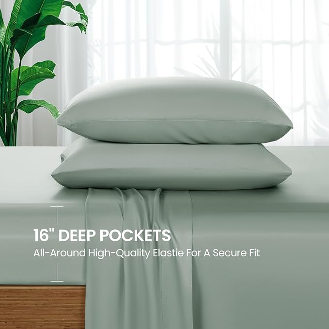 SONORO KATE 100% Viscose Derived from Bamboo_Sheets Cal King Size,4PC | Cooling Bed Sheets for Hot Sleepers,Soft Breathable & Silky,16" Deep Pocket,Luxury Hotel Bedding,Sea Glass