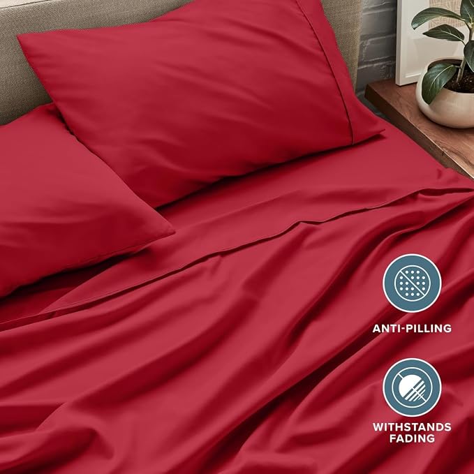 Bare Home Split King Sheet Set - 1800 Ultra-Soft (Split King, Red) | Deep Pockets 6 to 15 Inches, Breathable, Hypoallergenic, Hotel Luxury, Easy Fit, Soft, All-Season