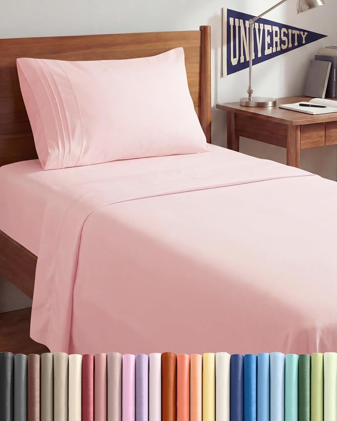 Twin XL 3 Piece Sheet Set - College Dorm Room Essentials - Baby Pink | Deep Pocket Bed Sheets for Women, Men, Teens & Students, Soft, Cooling, Breathable & Wrinkle Free, Oeko-Tex Bed Sheet Set