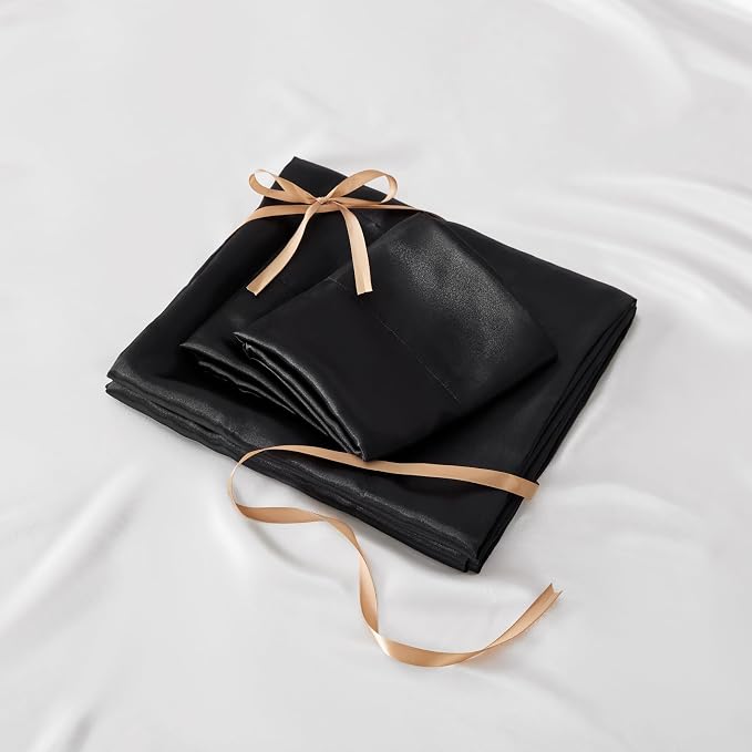 BEDELITE Satin Sheets King Size Bed Set, Black, 4 Pieces | Luxury Silky Bed Sheets, 15 Inch Deep Pocket, Similar to Silk, Soft and Cooling, Reduces Friction, Gentle on Hair and Skin