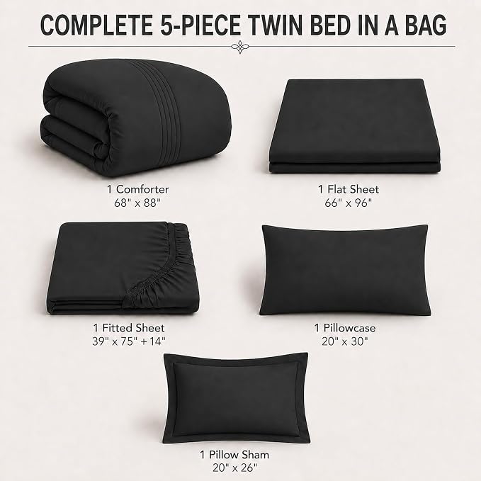 Twin Comforter Set Black - Bed in a Bag Twin Size 5 Pieces, Soft Bedding Set for All Seasons, Premium College Dorm Comforter Set with Comforter, 1 Sheet, 1 Pillowcase & 1 Sham