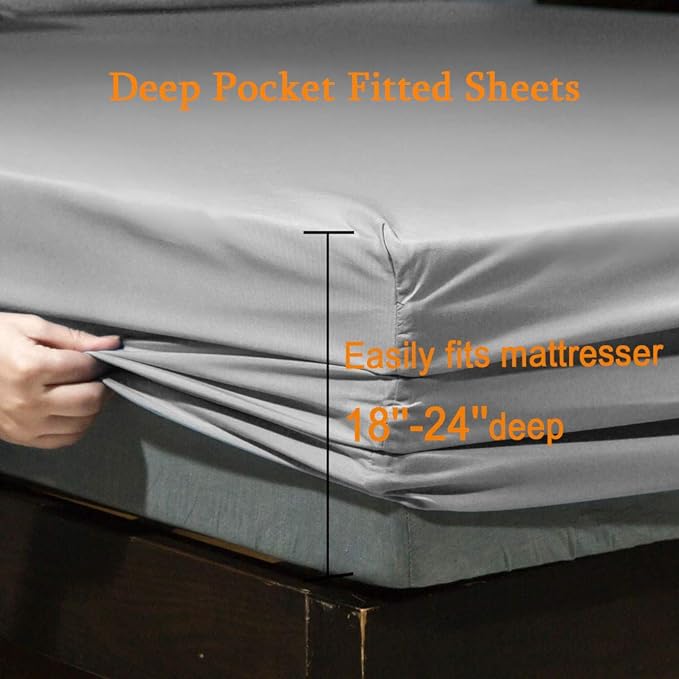 SONORO KATE Bed Sheet Set Super Soft Microfiber 1800 Series Luxury Egyptian Sheets Fit 18-24 Inch Deep Pocket Mattress Wrinkle-6 Piece (Grey, King)