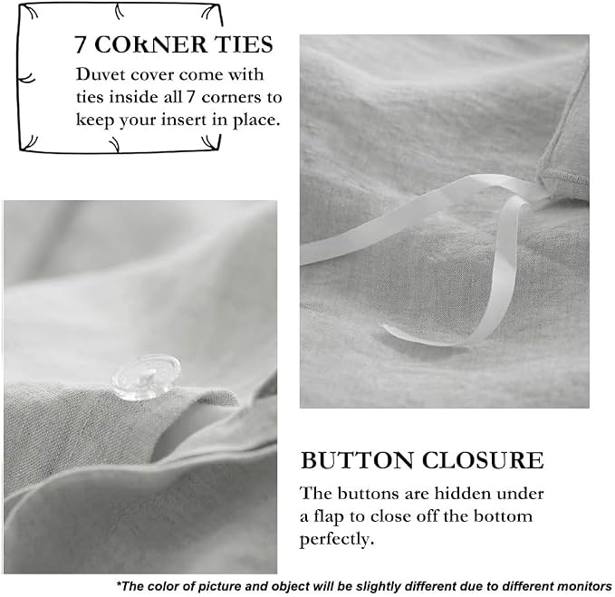 Simple&Opulence 100% Linen Duvet Cover Set with Embroidery Border Washed - 2 Pieces (1 Duvet Cover & 1 Pillow Sham) with Button Closure Soft Breathable Farmhouse - Light Grey, Twin Size