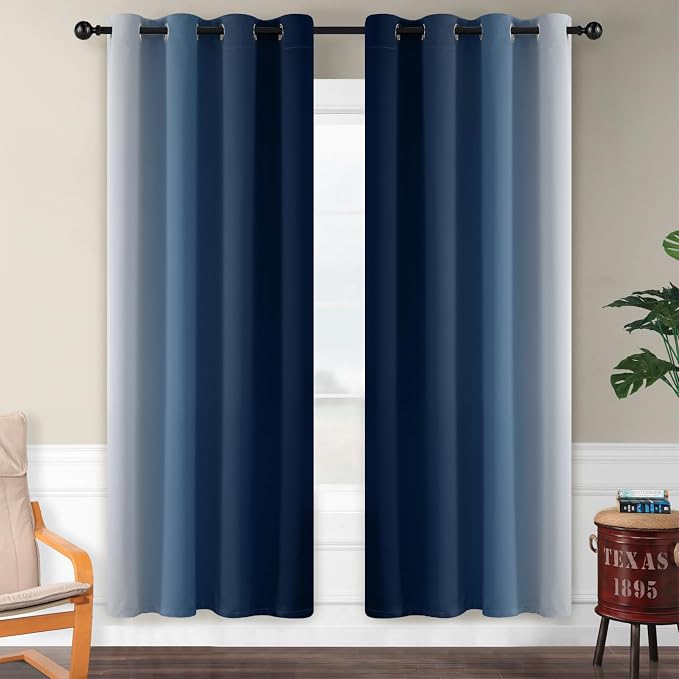 SimpleHome Ombre Blue to Grey White Curtains for Living Room 52Wx72L | Room Darkening Curtains for Bedroom,Gradient Light Blocking Curtain,Thermal Insulated Grommet Window Drapes,2 Panels,72 Inch