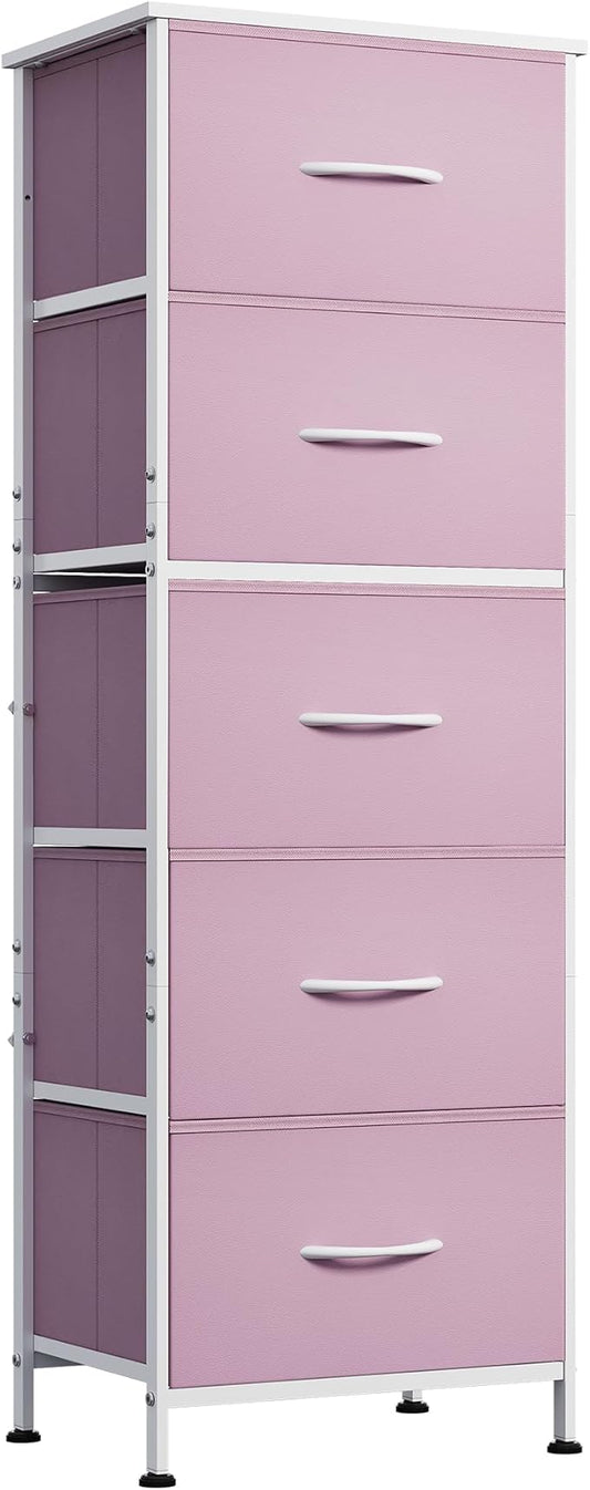 WLIVE Tall Dresser for Bedroom, 5 Drawer Dresser, Pink | 5 vertical fabric drawers, Tall vertical design, Bedroom or closet use, Dresser for small spaces, Chest of drawers