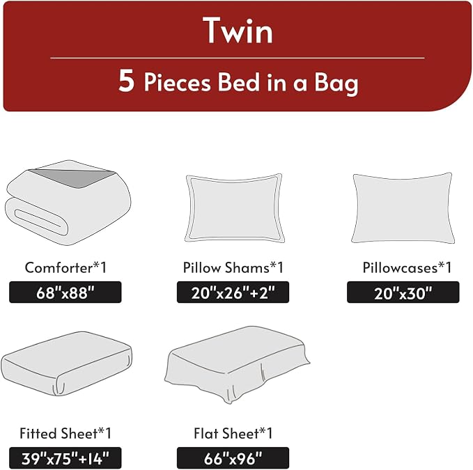 5 Pieces Twin Comforter Set, Reversible Bed in a Bag Twin Size, All Season Bedding Set with Comforter, Flat Sheet, Fitted Sheet, Pillowcases & Shams, Red & Black