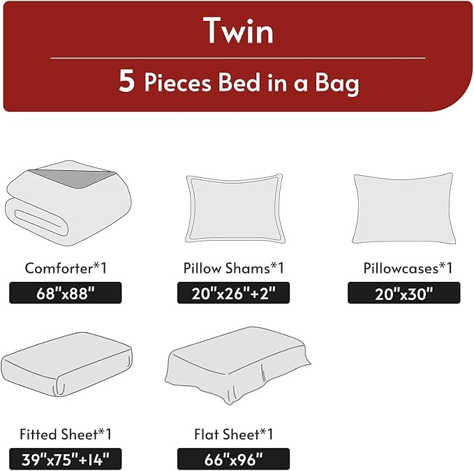 5 Pieces Twin Comforter Set, Reversible Bed in a Bag Twin Size, All Season Bedding Set with Comforter, Flat Sheet, Fitted Sheet, Pillowcases & Shams, Greyish Blue & Light Grey