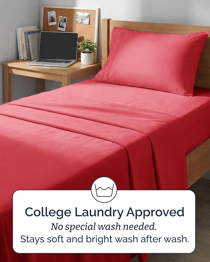 Twin XL 3 Piece Sheet Set - College Dorm Room Essentials - Red | Deep Pocket Bed Sheets for Women, Men, Teens & Students, Soft, Cooling, Breathable & Wrinkle Free, Oeko-Tex Bed Sheet Set
