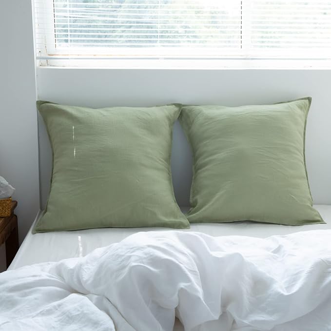 Simple&Opulence 100% Washed Linen Euro Shams 26'' x 26'' Pack of 2, Basic Style Solid Color Natural Flax Farmhouse Decorative Square Throw Pillow Covers for Bed Couch Sofa - Sage Green