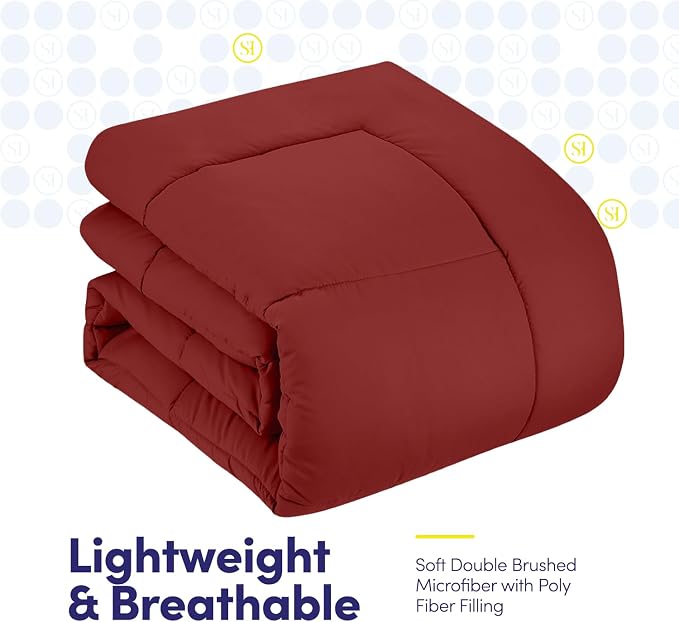 Sweet Home Collection 7 Piece Comforter Set Bag Solid Color All Season Soft Down Alternative Blanket & Luxurious Microfiber Bed Sheets, Red, Queen