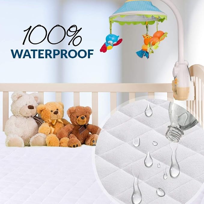 PlushDeluxe Crib Mattress Protector, 28”x49”, 100% Waterproof, Noiseless, Ultra Soft Viscose Made from Bamboo with Quilted Terry Cotton Top, White Fitted Sheet Style Toddler Crib Cover