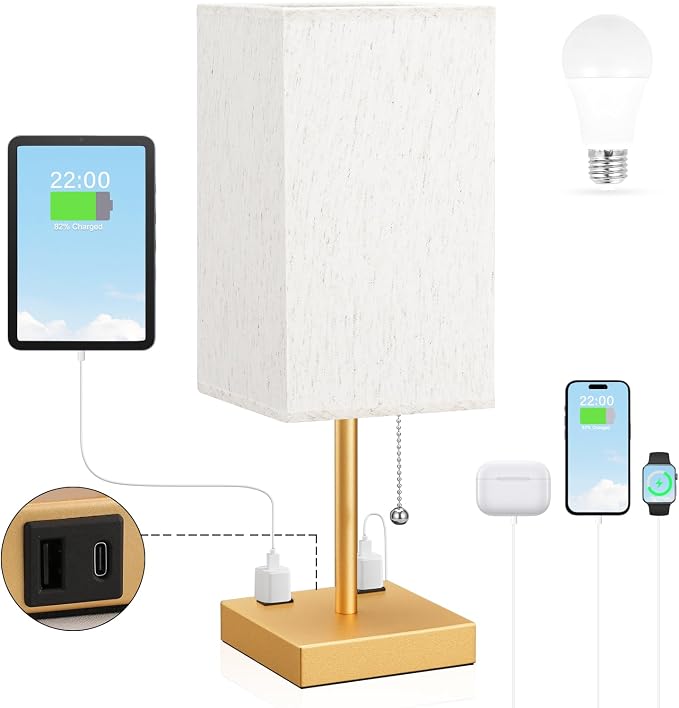 Gold Bedside Lamp for Bedroom - 3 Color Temperatures, USB A+C, 2 AC Outlets | Pull Chain Switch, LED Bulb Included, Cream Fabric Shade, 17.4" Table Lamp for Nightstand, Desk, Living Room, Office