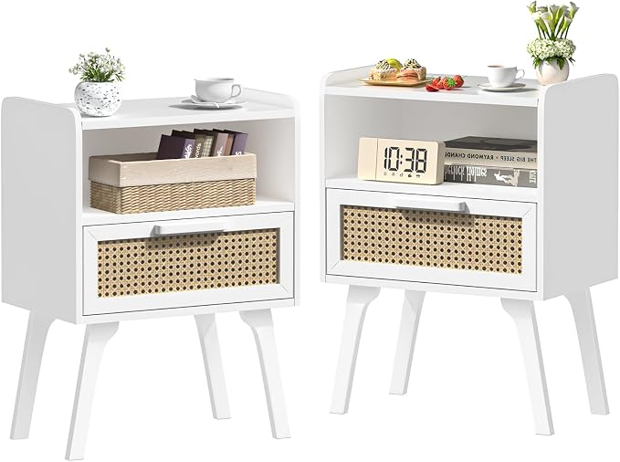 Lerliuo Rattan Nightstands Set of 2, Bedside Table with Drawer Open Shelf | Cane Accent Side End Table with Solid Wood Legs, White Mid Century Night Stand for Bedroom, Dorm and Small Spaces
