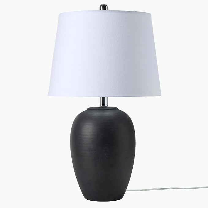 Nourison Home 23" Black Vintage Distressed Ceramic Pot Table Lamp for Bedroom, Living Room, End Table, with White Tapered Drum Shade