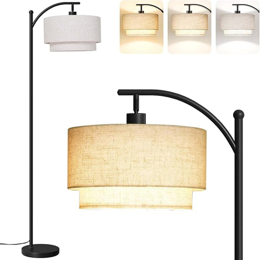 SUNMORY Floor Lamps for Living Room with 12W LED Bulb, Arc Lamp with 3 CCT | Modern Floor Lamps with Adjustable Double Fabric Shades, Industrial Arched Lamp, Tall Standing Lamp for Bedroom, Corner