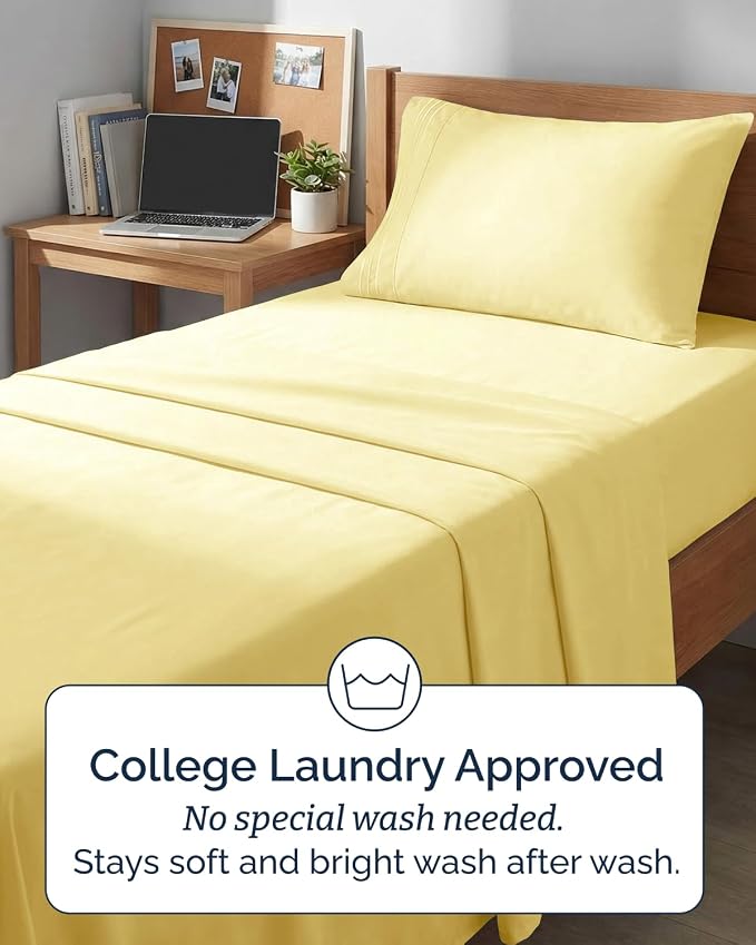Twin XL 4 Piece Sheet Set - College Dorm Room Essentials - Yellow | Ultra Soft Dorm Bedding Set, 8" to 16" Inch Deep Pockets, 1 Flat & 1 Fitted Sheet & 2 Pillowcases, Wrinkle & Fade Free
