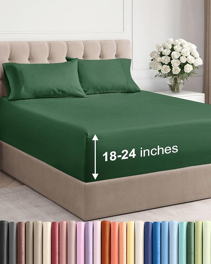 Extra Deep Full Sheet Set - 4 Piece Breathable & Cooling - Emerald Green | Easily Fits 18 to 24 inch Mattress - Ultra Soft, Wrinkle & Fade Free with Extra Deep Pockets - Comfy Hotel Luxury Bedding