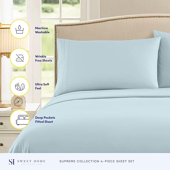King Size Sheets - Breathable Luxury Bed Sheets with Full Elastic & Secure Corner Straps Built In - 1800 Supreme Collection Extra Soft Deep Pocket Bedding Set, Sheet Set, King, Light Blue
