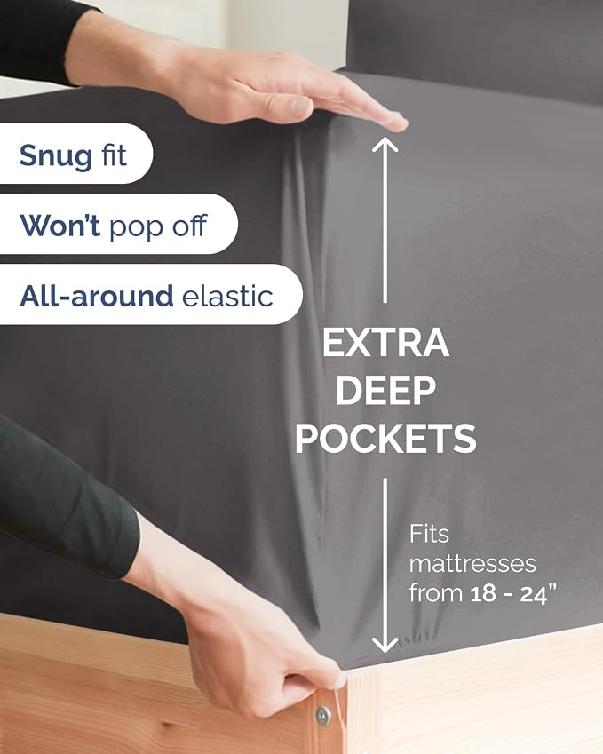 Extra Deep Flex Top Split Head King Sheet Set - 6 Piece Breathable and Cooling Sheets - Hotel Luxury Bedding for Women, Men, Kids & Teens - Easy Secure Fit - Extra Deep Pockets - Dark Grey