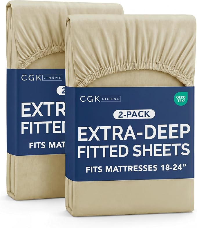 2 Pack Extra Deep Twin Fitted Sheets with Extra Deep Pockets - Beige | Hotel Luxury Bottom Fitted Sheets Only, Soft, Fade & Wrinkle Free, Breathable & Comfy, All Around Elastic Fitted Sheets