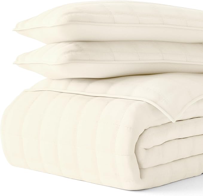 Merit Linens Classic Quilt Coverlet Soft Set in Square Stitching - Full/Queen Ivory