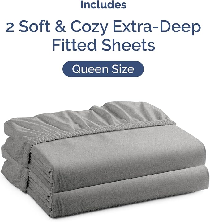 2 Pack Extra Deep Queen Fitted Sheets with Deep Pockets - Heathered Grey | Hotel Luxury Bottom Fitted Sheets Only, Soft, Fade & Wrinkle Free, Breathable & Comfy, All Around Elastic Fitted Sheets