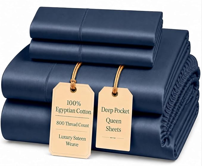 Egyptian Cotton Sheets Queen Size Set, 800TC Queen Sheets Set - Dark Denim | 15" Deep Pocket, Breathable & Cooling, Sateen Weave 4-Piece fully elasticized Sheet & Pillowcase Sets, OEKO-TEX Certified