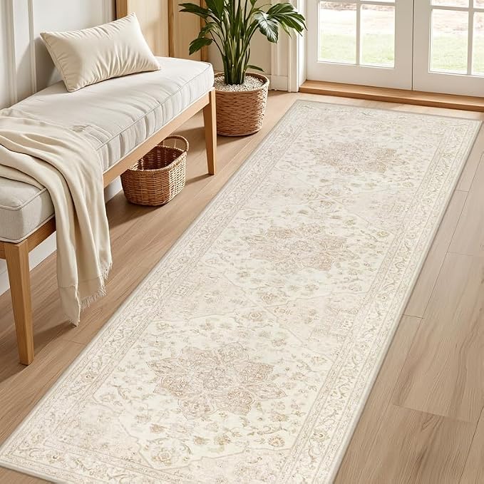 2'6''x8' Hallway Washable Runner Rug: Kitchen Carpet Beige White | Vintage Boho Soft Small Indoor Decor Floor Non-Slip Low Pile Neutral Farmhouse Entryway Laundry Bathroom Bedroom Beside Rugs