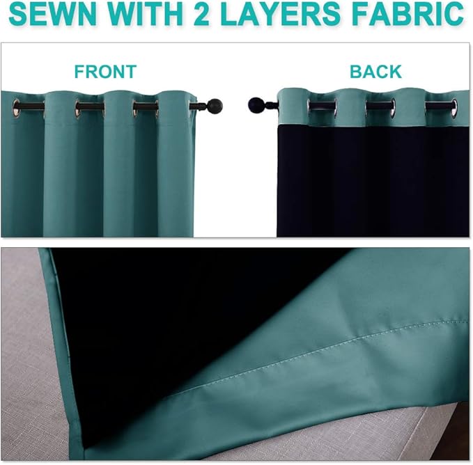NICETOWN 100% Blackout Window Curtain Panels, Sea Teal, 2 PCs, 62" Wide Each Panel, Cold and Full Light Blocking Drapes with Black Liner for Nursery, 84 inches Drop Thermal Insulated Draperies